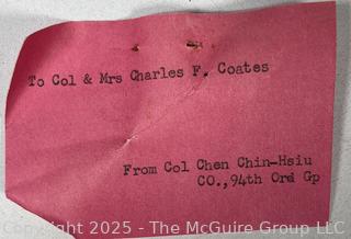 From the Estate of US Army Col. Charles F. Coates, the Recipient of WW II Legion of Merit and Silver Star Honors, his Military Memorabilia Circa 1958-59 While Serving in Taiwan as a Senior Military Advisor (MAAG) to the ROC Second Field Army.  Items Include Correspondence, Citations, Banners, Photos,  and Gifts Presented to Him by Major General Chang Yat-San, National Chinese Army, of 8th-14th Century  Coins Excavated From Pescadores Islands.  See the more than 200 Photos Posted in the Photo Gallery. Historical Military and Political Interest.   