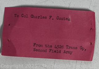 From the Estate of US Army Col. Charles F. Coates, the Recipient of WW II Legion of Merit and Silver Star Honors, his Military Memorabilia Circa 1958-59 While Serving in Taiwan as a Senior Military Advisor (MAAG) to the ROC Second Field Army.  Items Include Correspondence, Citations, Banners, Photos,  and Gifts Presented to Him by Major General Chang Yat-San, National Chinese Army, of 8th-14th Century  Coins Excavated From Pescadores Islands.  See the more than 200 Photos Posted in the Photo Gallery. Historical Military and Political Interest.   