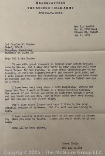 From the Estate of US Army Col. Charles F. Coates, the Recipient of WW II Legion of Merit and Silver Star Honors, his Military Memorabilia Circa 1958-59 While Serving in Taiwan as a Senior Military Advisor (MAAG) to the ROC Second Field Army.  Items Include Correspondence, Citations, Banners, Photos,  and Gifts Presented to Him by Major General Chang Yat-San, National Chinese Army, of 8th-14th Century  Coins Excavated From Pescadores Islands.  See the more than 200 Photos Posted in the Photo Gallery. Historical Military and Political Interest.   