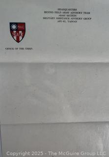 From the Estate of US Army Col. Charles F. Coates, the Recipient of WW II Legion of Merit and Silver Star Honors, his Military Memorabilia Circa 1958-59 While Serving in Taiwan as a Senior Military Advisor (MAAG) to the ROC Second Field Army.  Items Include Correspondence, Citations, Banners, Photos,  and Gifts Presented to Him by Major General Chang Yat-San, National Chinese Army, of 8th-14th Century  Coins Excavated From Pescadores Islands.  See the more than 200 Photos Posted in the Photo Gallery. Historical Military and Political Interest.   