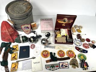 Collection of Fishing Tackle AND Vintage Boy Scouting Patches