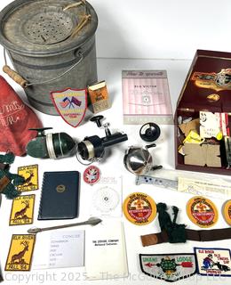 Collection of Fishing Tackle AND Vintage Boy Scouting Patches