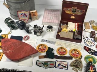 Collection of Fishing Tackle AND Vintage Boy Scouting Patches