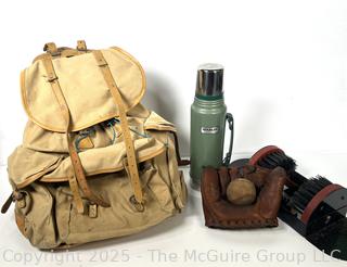 1950's Distressed Sac LaFuma French Rucksack Canvas Military Hiking Bag, Stanley Thermos; Bristle Boot Cleaner and Early Wynn Endorsed Sears Baseball Gove and Ball. 