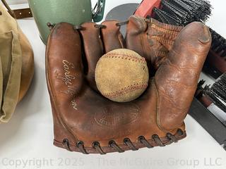 1950's Distressed Sac LaFuma French Rucksack Canvas Military Hiking Bag, Stanley Thermos; Bristle Boot Cleaner and Early Wynn Endorsed Sears Baseball Gove and Ball. 