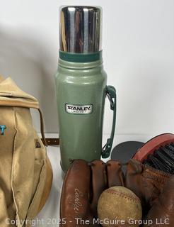1950's Distressed Sac LaFuma French Rucksack Canvas Military Hiking Bag, Stanley Thermos; Bristle Boot Cleaner and Early Wynn Endorsed Sears Baseball Gove and Ball. 