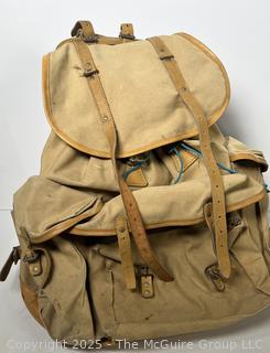 1950's Distressed Sac LaFuma French Rucksack Canvas Military Hiking Bag, Stanley Thermos; Bristle Boot Cleaner and Early Wynn Endorsed Sears Baseball Gove and Ball. 
