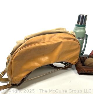 1950's Distressed Sac LaFuma French Rucksack Canvas Military Hiking Bag, Stanley Thermos; Bristle Boot Cleaner and Early Wynn Endorsed Sears Baseball Gove and Ball. 