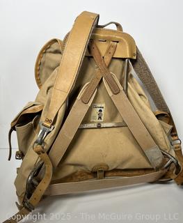 1950's Distressed Sac LaFuma French Rucksack Canvas Military Hiking Bag, Stanley Thermos; Bristle Boot Cleaner and Early Wynn Endorsed Sears Baseball Gove and Ball. 