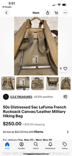1950's Distressed Sac LaFuma French Rucksack Canvas Military Hiking Bag, Stanley Thermos; Bristle Boot Cleaner and Early Wynn Endorsed Sears Baseball Gove and Ball. 
