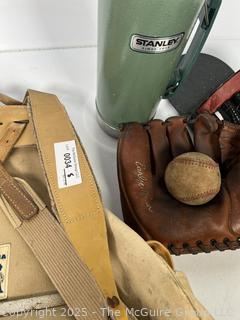 1950's Distressed Sac LaFuma French Rucksack Canvas Military Hiking Bag, Stanley Thermos; Bristle Boot Cleaner and Early Wynn Endorsed Sears Baseball Gove and Ball. 