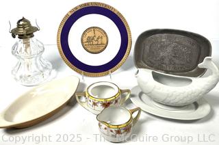 Collection of Porcelain, Glass and Pewter Items Including NYU Plate