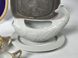 Collection of Porcelain, Glass and Pewter Items Including NYU Plate