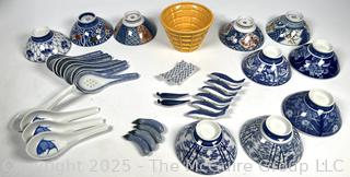 Set of Porcelain Asian Painted Rice Bowls and Spoons
