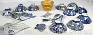 Set of Porcelain Asian Painted Rice Bowls and Spoons
