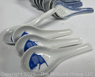 Set of Porcelain Asian Painted Rice Bowls and Spoons
