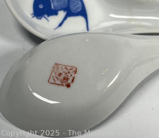 Set of Porcelain Asian Painted Rice Bowls and Spoons
