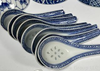 Set of Porcelain Asian Painted Rice Bowls and Spoons
