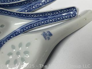 Set of Porcelain Asian Painted Rice Bowls and Spoons
