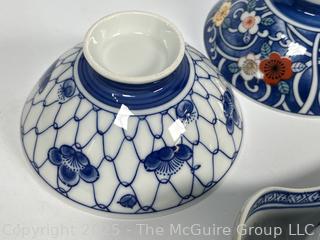 Set of Porcelain Asian Painted Rice Bowls and Spoons
