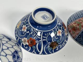 Set of Porcelain Asian Painted Rice Bowls and Spoons

