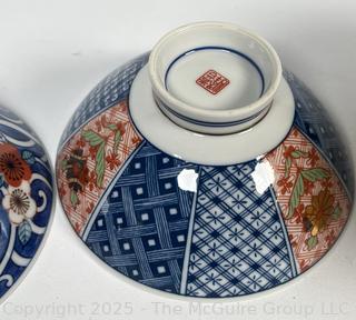 Set of Porcelain Asian Painted Rice Bowls and Spoons
