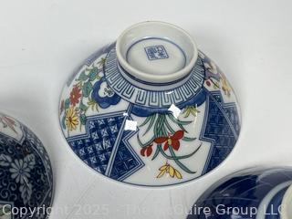 Set of Porcelain Asian Painted Rice Bowls and Spoons
