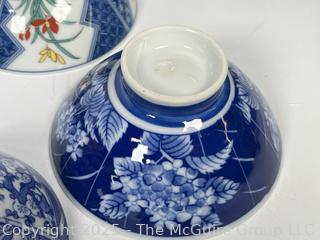 Set of Porcelain Asian Painted Rice Bowls and Spoons
