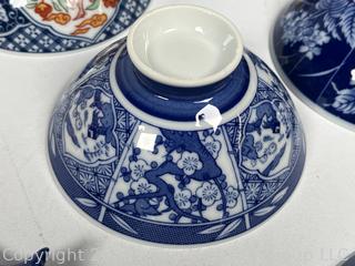 Set of Porcelain Asian Painted Rice Bowls and Spoons

