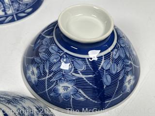 Set of Porcelain Asian Painted Rice Bowls and Spoons
