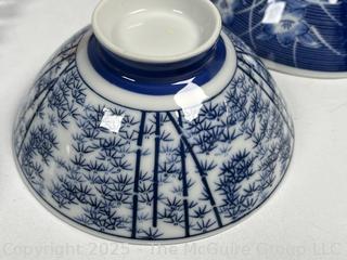 Set of Porcelain Asian Painted Rice Bowls and Spoons
