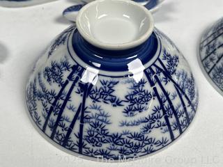 Set of Porcelain Asian Painted Rice Bowls and Spoons
