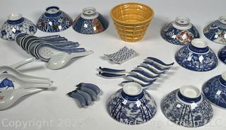 Set of Porcelain Asian Painted Rice Bowls and Spoons
