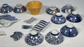 Set of Porcelain Asian Painted Rice Bowls and Spoons
