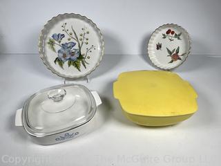 Two (2) Spode Pie Plates, Yellow Pyrex Casserole and Corningware Baking Dish