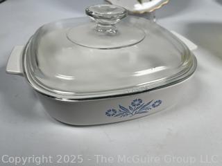 Two (2) Spode Pie Plates, Yellow Pyrex Casserole and Corningware Baking Dish