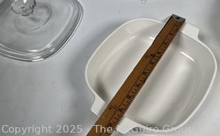 Two (2) Spode Pie Plates, Yellow Pyrex Casserole and Corningware Baking Dish