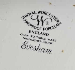 Two (2) Spode Pie Plates, Yellow Pyrex Casserole and Corningware Baking Dish