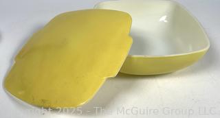 Two (2) Spode Pie Plates, Yellow Pyrex Casserole and Corningware Baking Dish