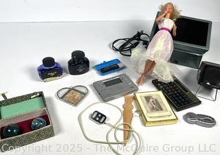 Grouping Including 1966 Barbie Twist'n'turn Doll, Apple iPOD Classic 3rd Generation (Model A1040), Farley's Chromatic-C Pocket Tones, HP 12C Calculator, Chinese Character Ink Stamp, TM-40 - Digital Tuner Metronome, Parker and Pelican Ink Bottles and Slide Viewer