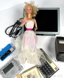 Grouping Including 1966 Barbie Twist'n'turn Doll, Apple iPOD Classic 3rd Generation (Model A1040), Farley's Chromatic-C Pocket Tones, HP 12C Calculator, Chinese Character Ink Stamp, TM-40 - Digital Tuner Metronome, Parker and Pelican Ink Bottles and Slide Viewer