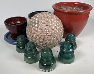 Garden Planters, Gazing Ball and Glass Insulators