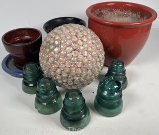 Garden Planters, Gazing Ball and Glass Insulators