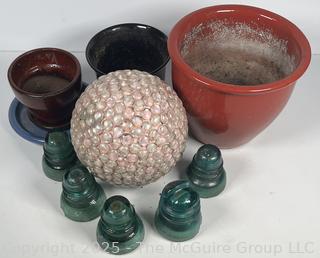 Garden Planters, Gazing Ball and Glass Insulators