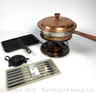 Cookware Including Copper Fondue Set and Cornbread Mold 
