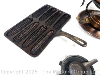 Cookware Including Copper Fondue Set and Cornbread Mold 
