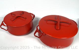 Two (2) Red Mid Century Dansk Enamel Cast Iron Kobenstyle IHQ Casserole Baking Dishes 