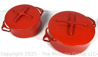 Two (2) Red Mid Century Dansk Enamel Cast Iron Kobenstyle IHQ Casserole Baking Dishes 