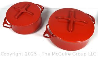 Two (2) Red Mid Century Dansk Enamel Cast Iron Kobenstyle IHQ Casserole Baking Dishes 