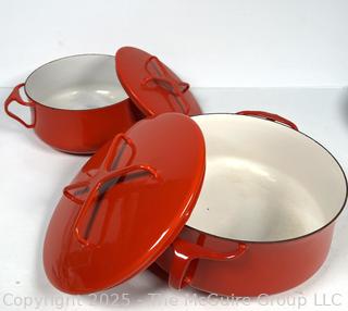 Two (2) Red Mid Century Dansk Enamel Cast Iron Kobenstyle IHQ Casserole Baking Dishes 